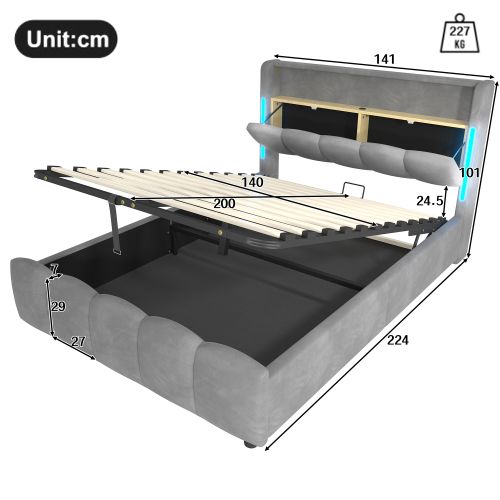Lit coffre 140×200 cm en velours gris avec LED, tête de lit rangement et USB/Type-C