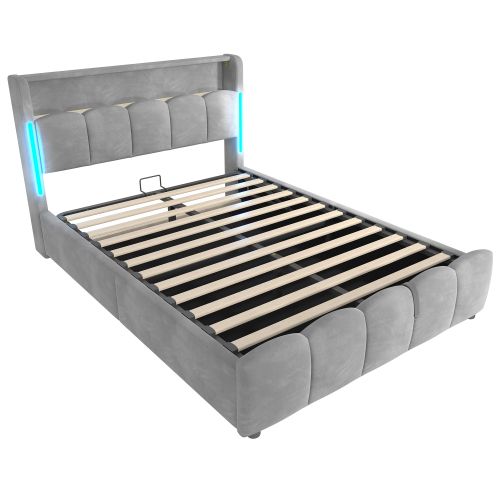 Lit coffre 140×200 cm en velours gris avec LED, tête de lit rangement et USB/Type-C