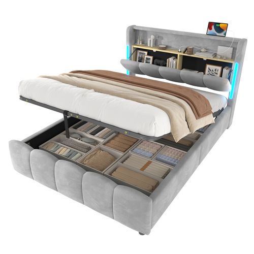 Lit coffre 140×200 cm en velours gris avec LED, tête de lit rangement et USB/Type-C