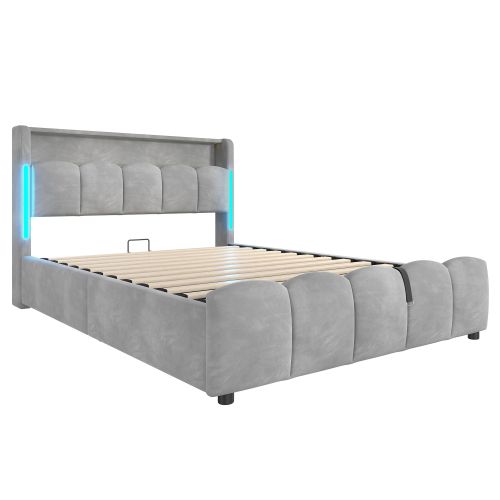 Lit coffre 140×200 cm en velours gris avec LED, tête de lit rangement et USB/Type-C