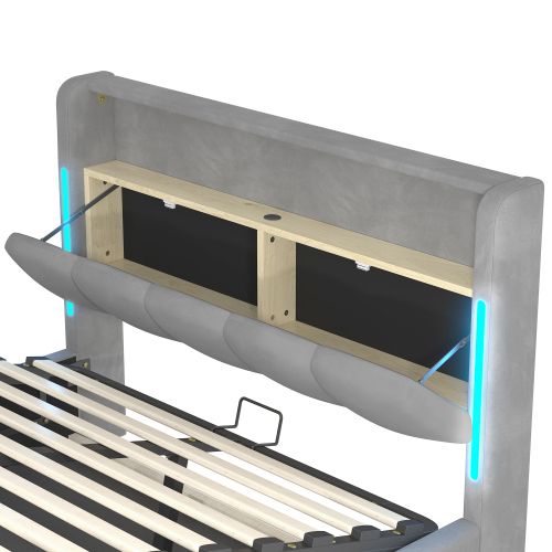 Lit coffre 140×200 cm en velours gris avec LED, tête de lit rangement et USB/Type-C