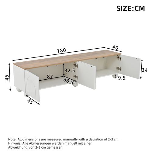 Meuble TV 180x40x45cm, 4 Portes, Convient Pour Un Téléviseur De 80 Pouces, Couleur Bois + Blanc