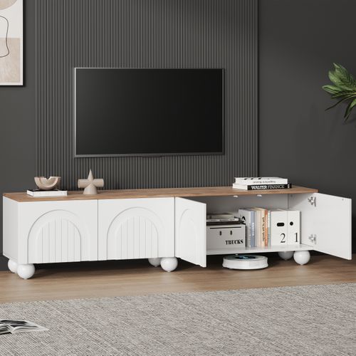 Meuble TV 180x40x45cm, 4 Portes, Convient Pour Un Téléviseur De 80 Pouces, Couleur Bois + Blanc