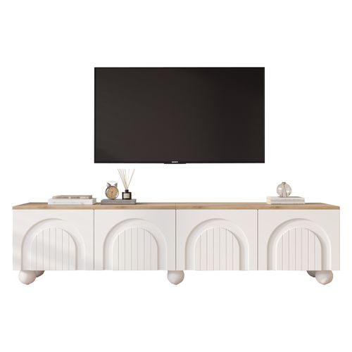 Meuble TV 180x40x45cm, 4 Portes, Convient Pour Un Téléviseur De 80 Pouces, Couleur Bois + Blanc