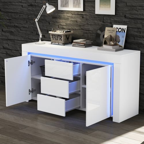 Buffet 140 X 40 X 65 Cm Avec 3 Tiroirs, 2 Portes, LED, Étagères Réglables, En Mdf, Blanc
