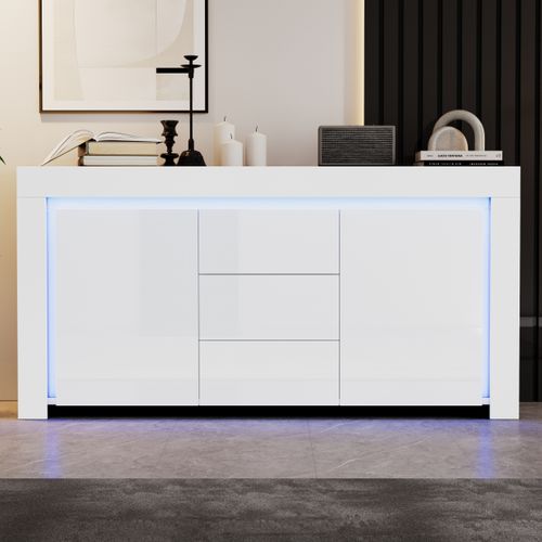 Buffet 140 X 40 X 65 Cm Avec 3 Tiroirs, 2 Portes, LED, Étagères Réglables, En Mdf, Blanc