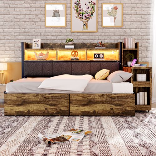 Lit Enfant 90x200cm Avec Lumières LED Et Prises Électriques, 2 Tiroirs, Bureau Coulissant, Bois