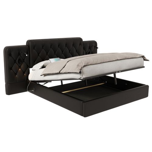 Lit Coffre 160x200 Cm Avec Tête De Lit Large, Lampes De Lecture, USB, Rangement, En Pu, Noir