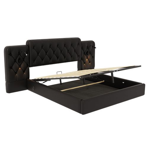 Lit Coffre 160x200 Cm Avec Tête De Lit Large, Lampes De Lecture, USB, Rangement, En Pu, Noir