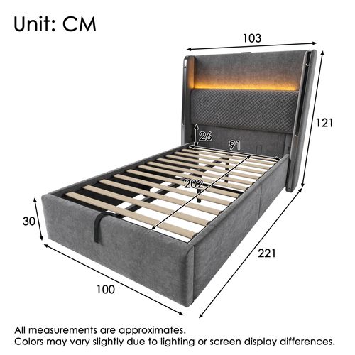 Lit Coffre Adulte 90x200cm, Avec Éclairage LED, Espace De Rangement, Port USB/type-c, Lin, Gris