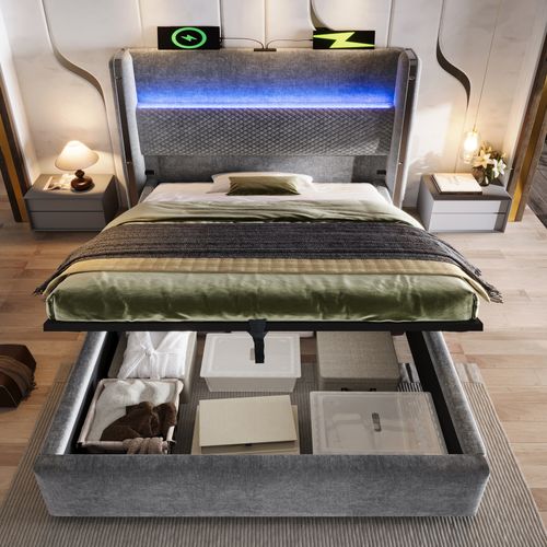 Lit Coffre Adulte 90x200cm, Avec Éclairage LED, Espace De Rangement, Port USB/type-c, Lin, Gris