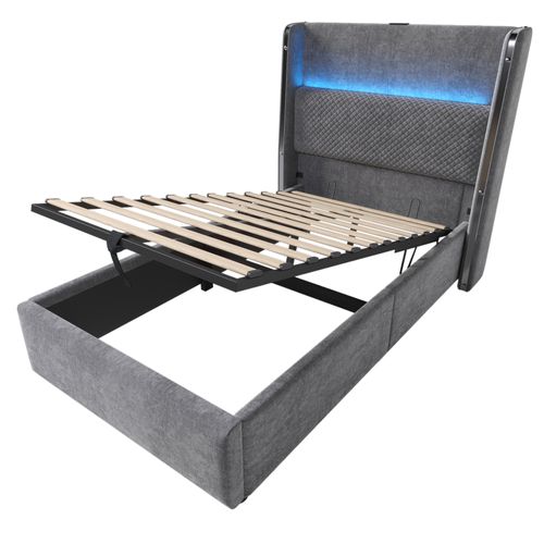 Lit Coffre Adulte 90x200cm, Avec Éclairage LED, Espace De Rangement, Port USB/type-c, Lin, Gris