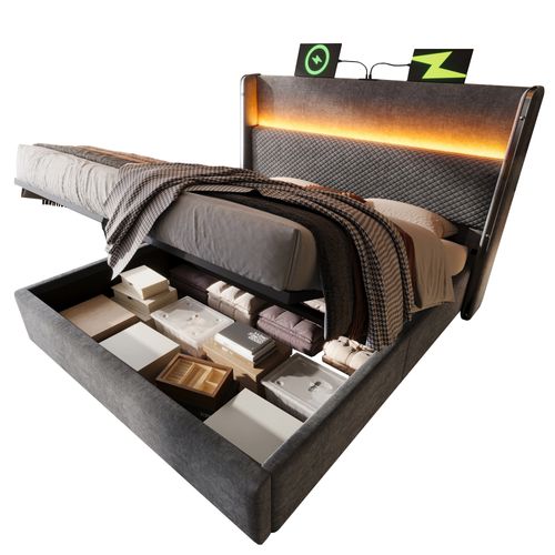 Lit Coffre Adulte 160x200cm, Avec Éclairage LED, Espace De Rangement, Port USB/type-c, Lin, Gris