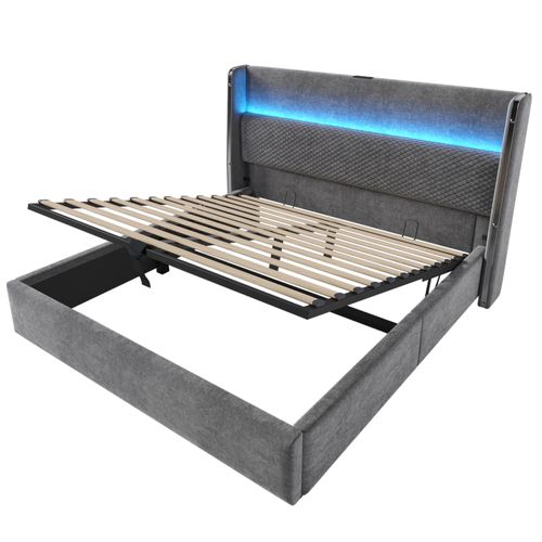 Lit Coffre Adulte 140x200cm, Avec Éclairage LED, Espace De Rangement, Port USB/type-c, Lin, Gris