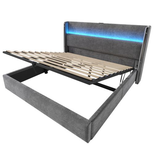 Lit Coffre Adulte 180x200cm, Avec Éclairage LED, Espace De Rangement, Port USB/type-c, Lin, Gris