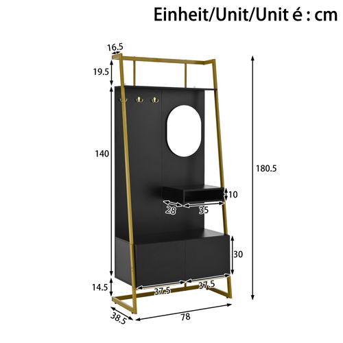 Vestiaire 78x38,5x180,5 Cm Avec Miroir, Meuble à Chaussures, Niches Et Crochets, Mdf, Noir