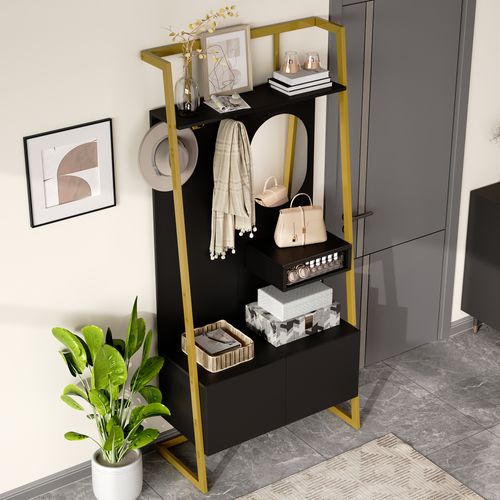 Vestiaire 78x38,5x180,5 Cm Avec Miroir, Meuble à Chaussures, Niches Et Crochets, Mdf, Noir