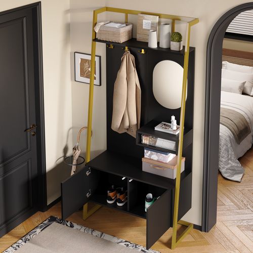 Vestiaire 78x38,5x180,5 Cm Avec Miroir, Meuble à Chaussures, Niches Et Crochets, Mdf, Noir
