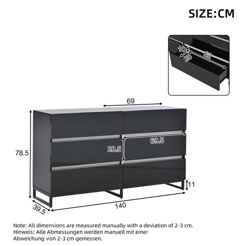 Buffet De Salon 140x39,5x78,5 Cm Avec 6 Tiroirs, 3 Pieds En Métal, En Panneau De Particules, Noir