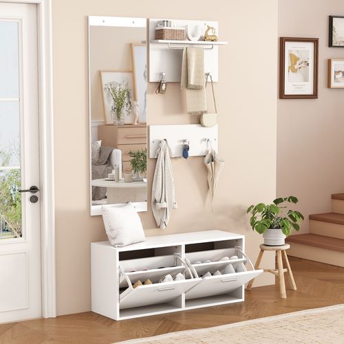 Vestiaire D'entrée Multifonctionnel Armoire à Chaussures, 2 Portes, 6 Crochets, Avec Miroir, Blanc