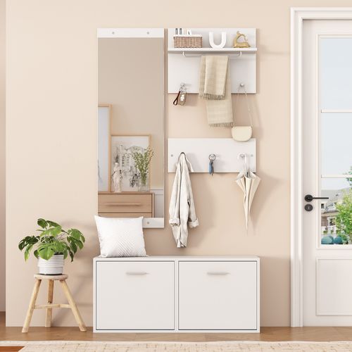 Vestiaire D'entrée Multifonctionnel Armoire à Chaussures, 2 Portes, 6 Crochets, Avec Miroir, Blanc