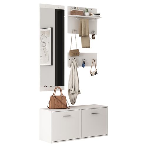 Vestiaire D'entrée Multifonctionnel Armoire à Chaussures, 2 Portes, 6 Crochets, Avec Miroir, Blanc