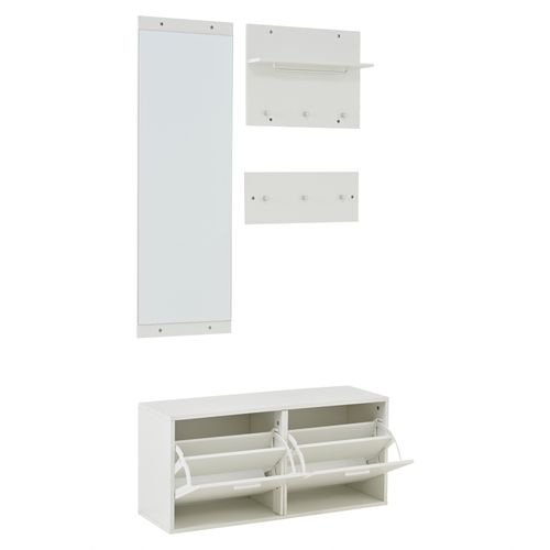 Vestiaire D'entrée Multifonctionnel Armoire à Chaussures, 2 Portes, 6 Crochets, Avec Miroir, Blanc