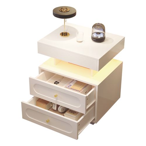 Table De Chevet LED 50x40x60 Cm, 2 Tiroirs, 1 Compartiment Ouvert, Panneaux De Particules, Blanc