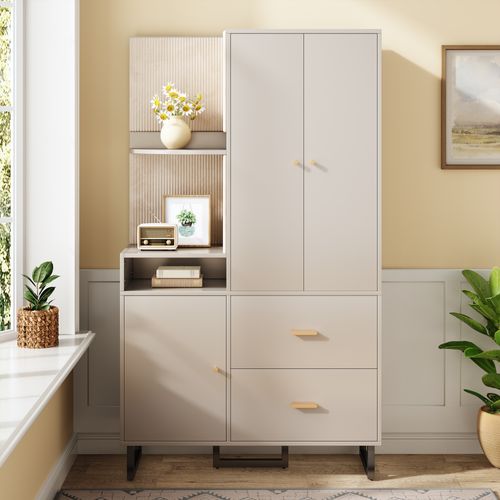 Armoire à Vêtement 110x38x186 Cm Avec 2 Tiroirs, 3 Portes, Espace De Rangement, Mdf, Beige Et Gris