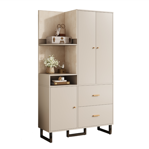 Armoire à Vêtement 110x38x186 Cm Avec 2 Tiroirs, 3 Portes, Espace De Rangement, Mdf, Beige Et Gris