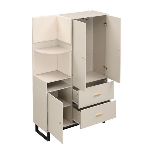 Armoire à Vêtement 110x38x186 Cm Avec 2 Tiroirs, 3 Portes, Espace De Rangement, Mdf, Beige Et Gris