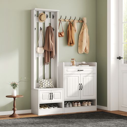 Combinaison Dressing D'entrée, Avec Meuble à Chaussures, 8 Crochets, 4 Portes, 1 Tiroir, Blanc