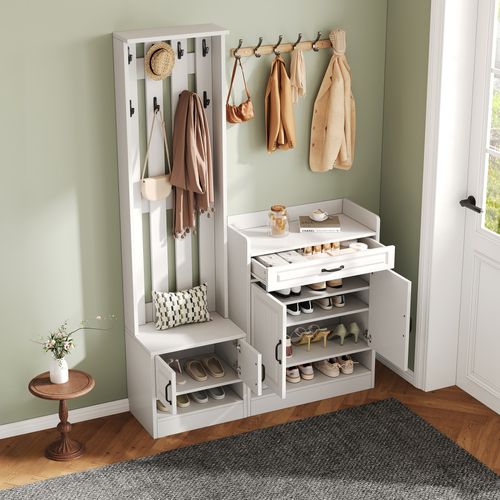 Combinaison Dressing D'entrée, Avec Meuble à Chaussures, 8 Crochets, 4 Portes, 1 Tiroir, Blanc