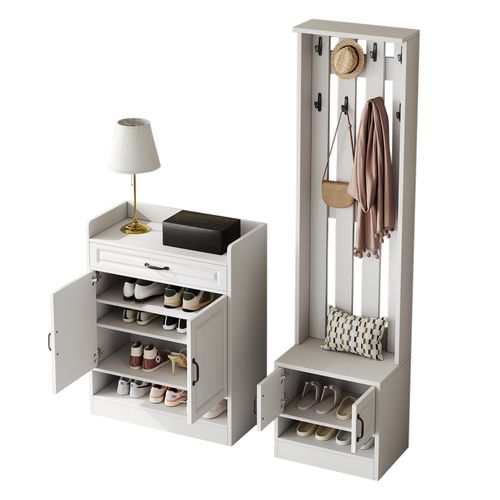 Combinaison Dressing D'entrée, Avec Meuble à Chaussures, 8 Crochets, 4 Portes, 1 Tiroir, Blanc