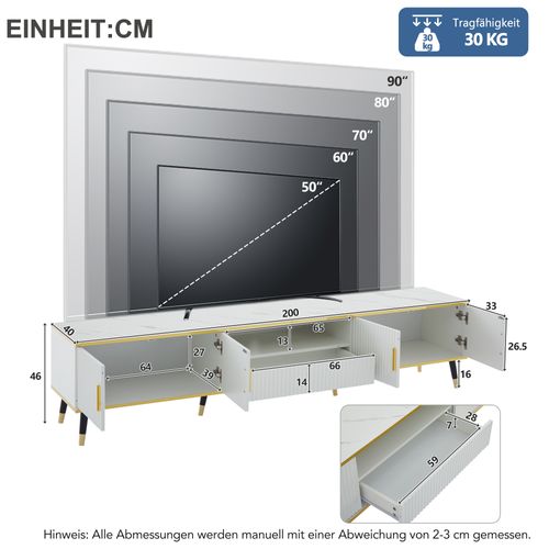 Meuble TV Moderne 120x40x46cm, 1 Tiroir, 4 Portes, 1 Niche, Pour TV 90" Et Moins, Blanc + Doré