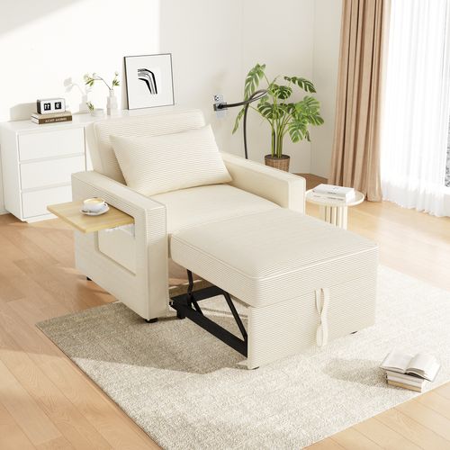 Canapé Convertible 93×150/177×85 Cm 1 Place Avec USB/type-c, Support Téléphone, Tissu, Beige