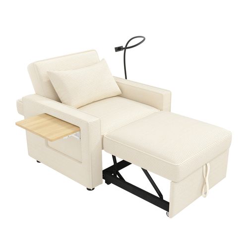 Canapé Convertible 93×150/177×85 Cm 1 Place Avec USB/type-c, Support Téléphone, Tissu, Beige