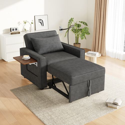 Canapé Convertible 93×150/177×85 Cm 1 Place Avec USB/type-c, Support Téléphone, Tissu, Gris