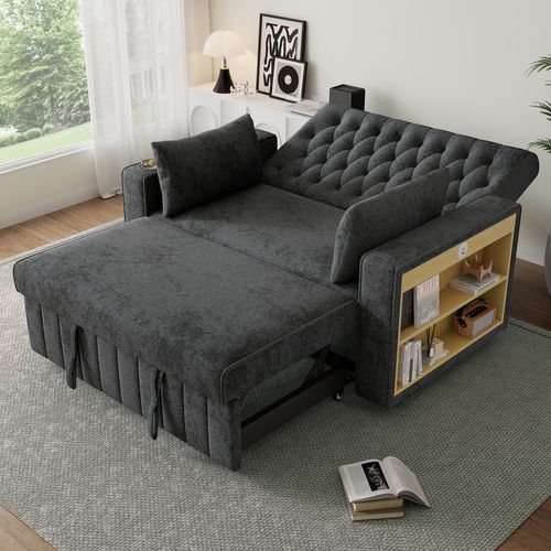 Canapé Convertible 2 Places Avec Fonction Lit, Rangement, USB Et Porte-gobelets, En Chenille, Gris