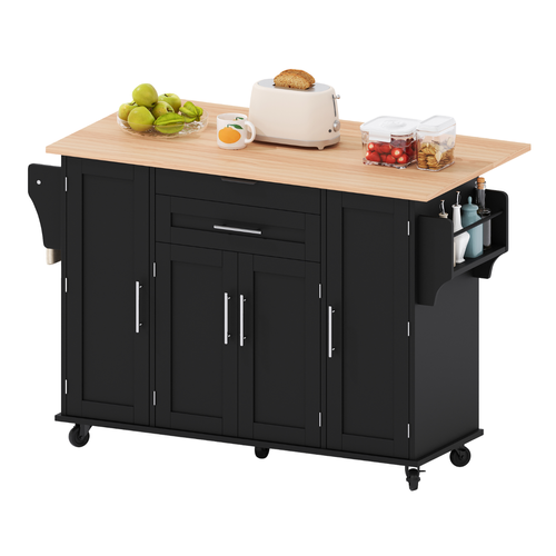 Îlot De Cuisine Mobile 136x45/70x92 Cm Avec 4 Portes, 2 Tiroirs, Plateau Extensible, Mdf, Noir