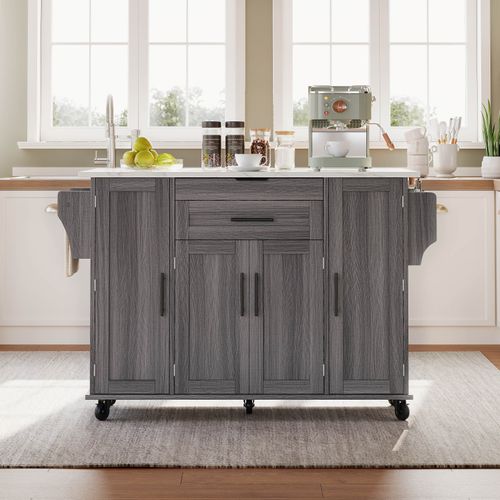 Chariot De Cuisine 136x45/70x92 Cm Avec 2 Tiroirs, 4 Portes, Étagères Réglables, En Mdf, Gris