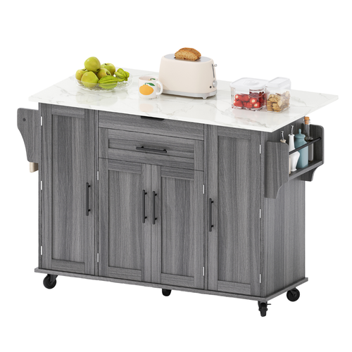 Chariot De Cuisine 136x45/70x92 Cm Avec 2 Tiroirs, 4 Portes, Étagères Réglables, En Mdf, Gris