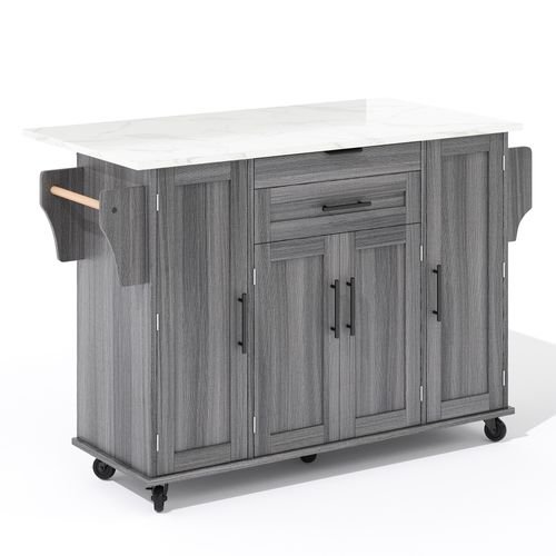 Chariot De Cuisine 136x45/70x92 Cm Avec 2 Tiroirs, 4 Portes, Étagères Réglables, En Mdf, Gris