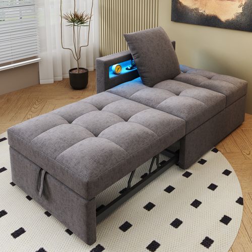 Canapé Convertible 68×177×65 Cm 1 Place Avec LED, USB/type-c, Dossier Réglable, En Lin, Gris Foncé