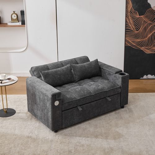 Canapé Convertible 2 Places Avec Fonction Lit, USB Et Porte-gobelets, Petite Table Cachée, Gris