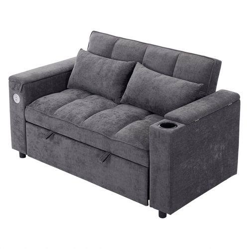 Canapé Convertible 2 Places Avec Fonction Lit, USB Et Porte-gobelets, Petite Table Cachée, Gris
