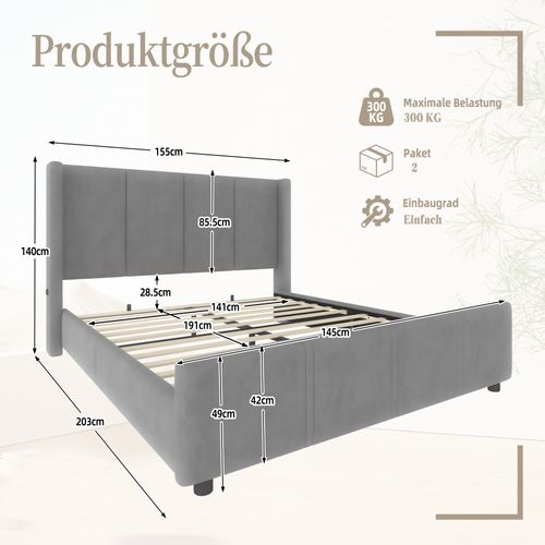 Lit Adulte 140x190 Cm, Lit 2 Places Avec Sommier à Lattes, Tête De Lit , Port USB, Gris