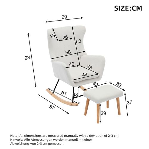 Fauteuil à Bascule 69x87x98 Cm, Avec Repose-pieds Et Siège, Inclinable Jusqu'à 30 Degrés, Blanc.