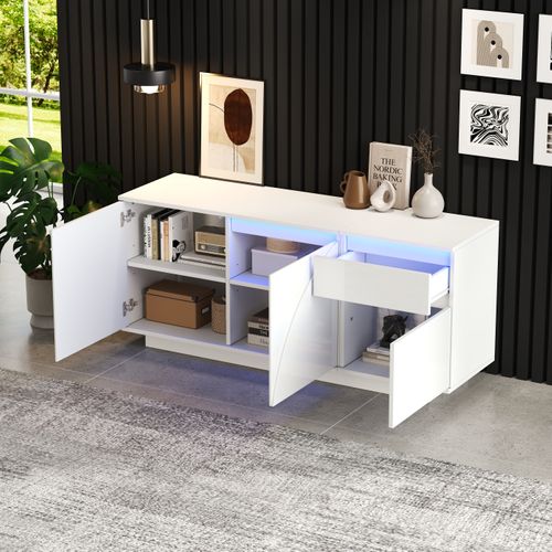 Buffet Moderne 140x40x60cm, LED, 3 Portes, 1 Tiroir, Séparateurs Réglables, Blanc Brillant