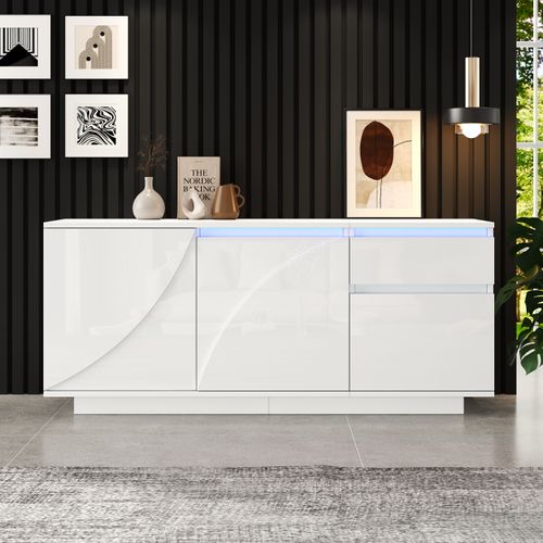 Buffet Moderne 140x40x60cm, LED, 3 Portes, 1 Tiroir, Séparateurs Réglables, Blanc Brillant